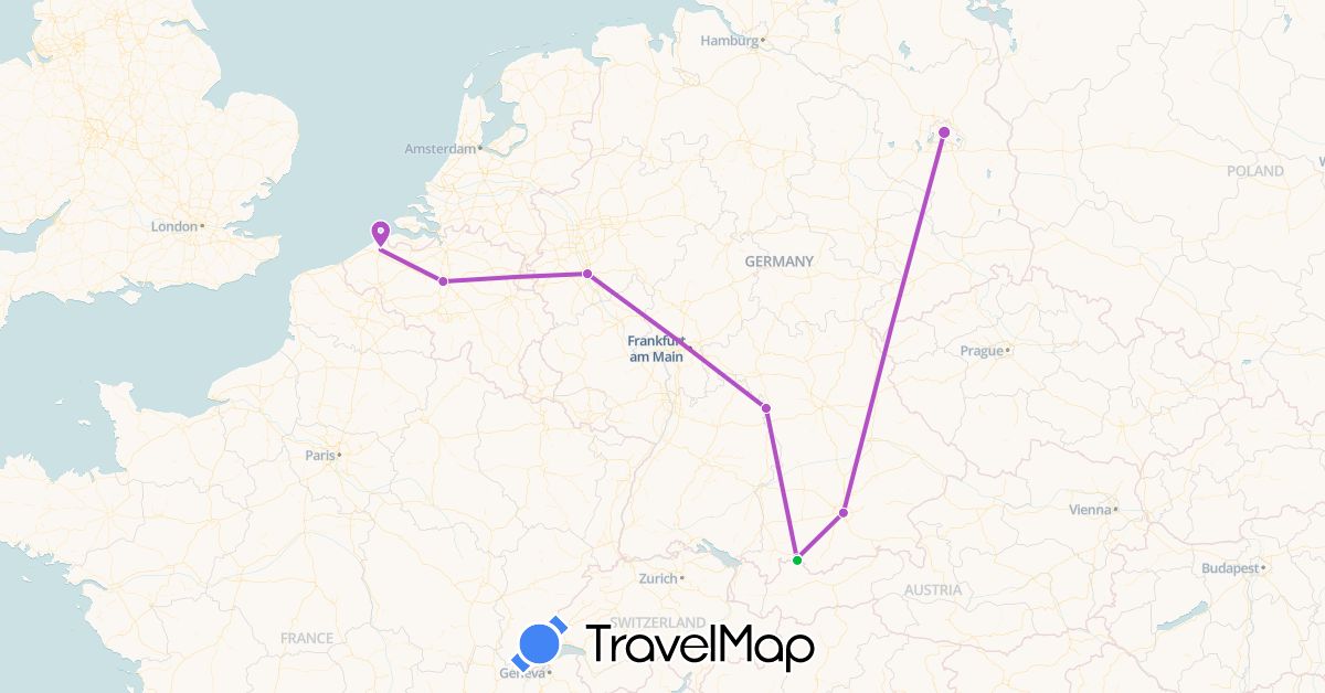 TravelMap itinerary: driving, bus, train in Belgium, Germany (Europe)