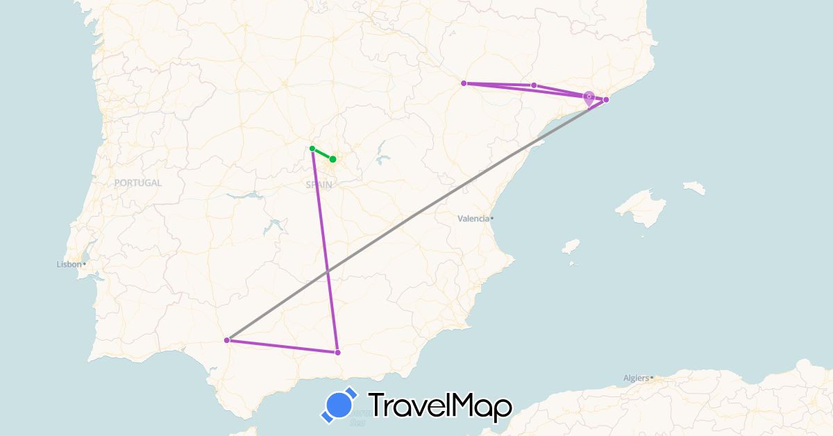 TravelMap itinerary: driving, bus, plane, train in Spain (Europe)