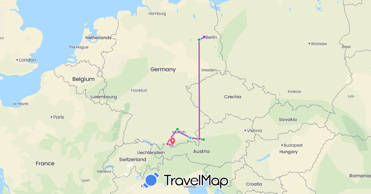 TravelMap itinerary: driving, bus, train, hiking, boat in Austria, Germany (Europe)