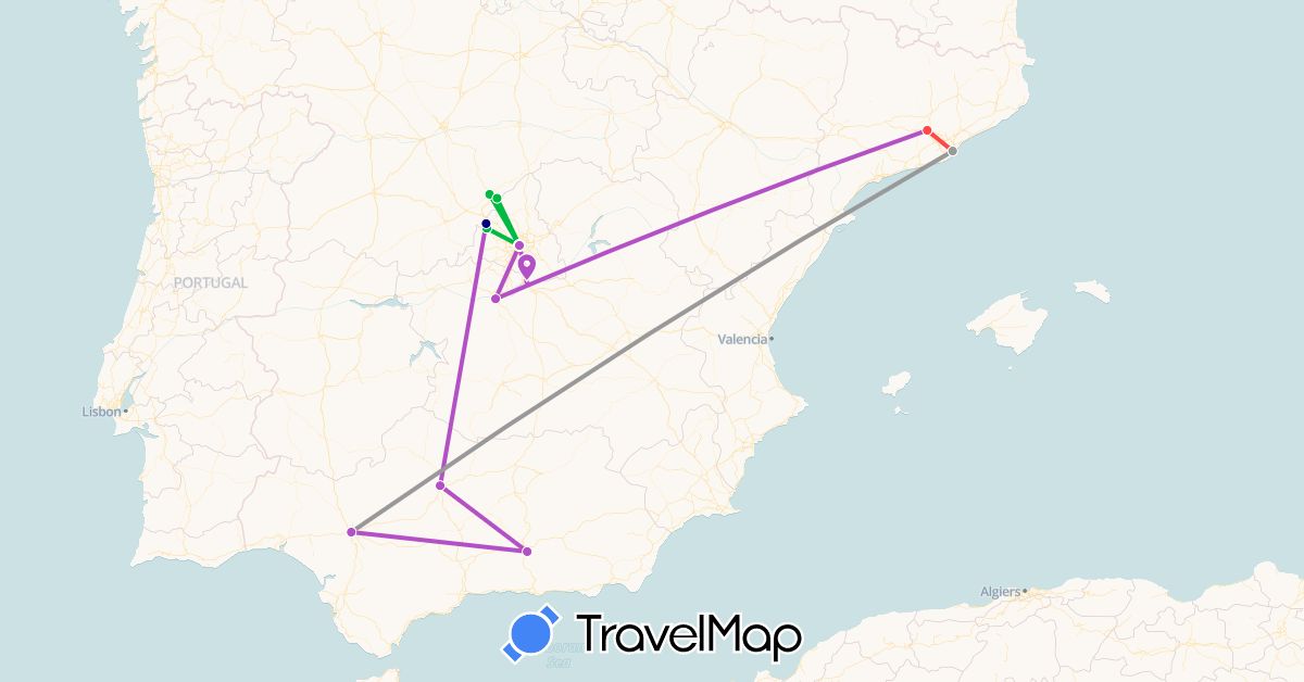 TravelMap itinerary: driving, bus, plane, train, hiking in Spain (Europe)
