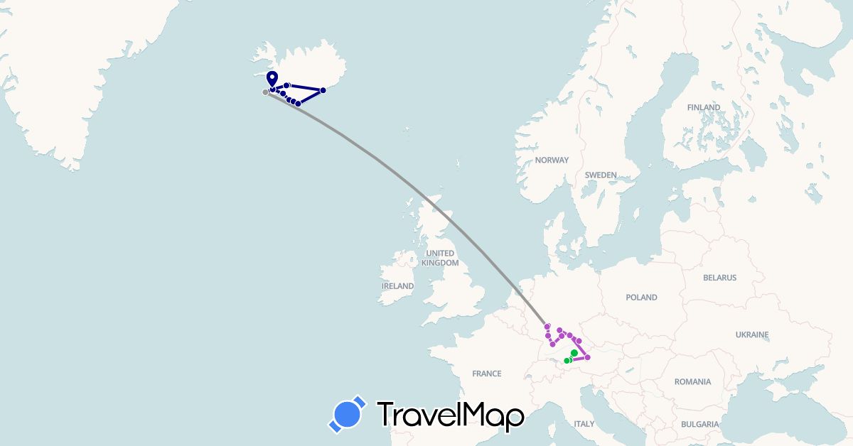 TravelMap itinerary: driving, bus, plane, train in Austria, Germany, Iceland (Europe)